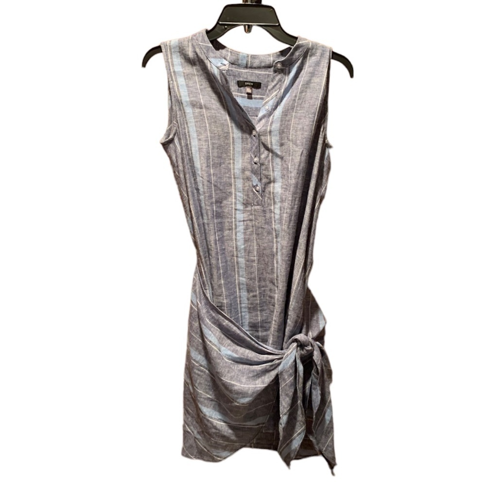 Drew Sleeveless Linen Blend Tie Front Dress Blue Stripe XS